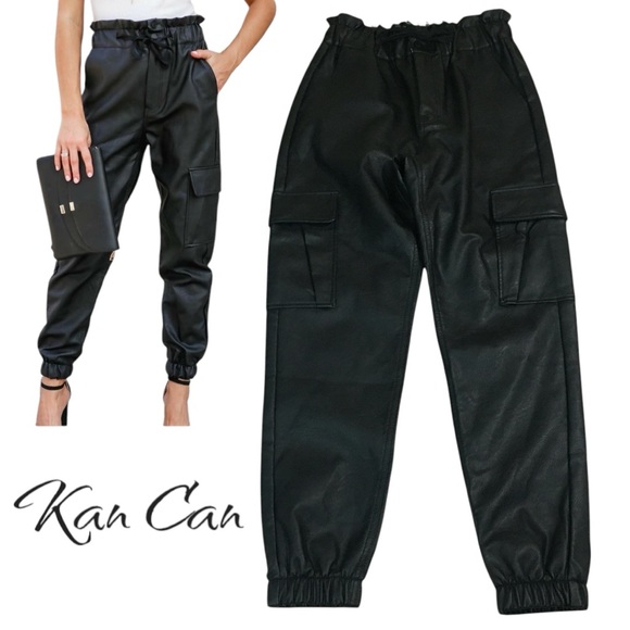 KanCan Pants - NWT KanCan Rona Matrix High Rise Faux Leather Black Joggers Cargo Pants Medium